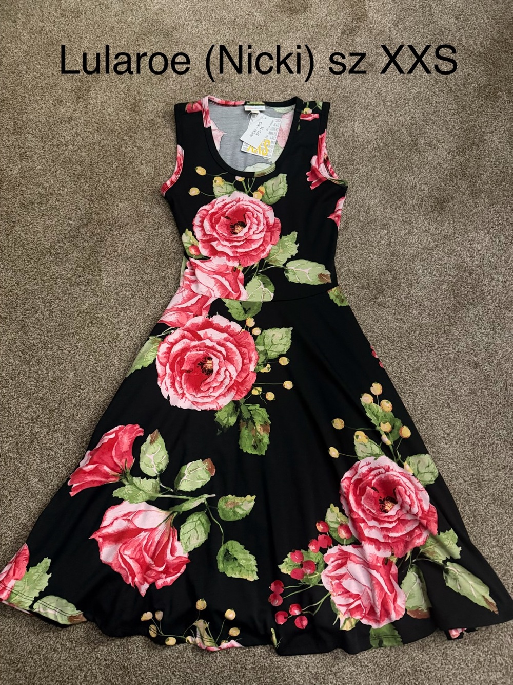 LuLaRoe Nicki XXS Black Dress with Pink Rose Print